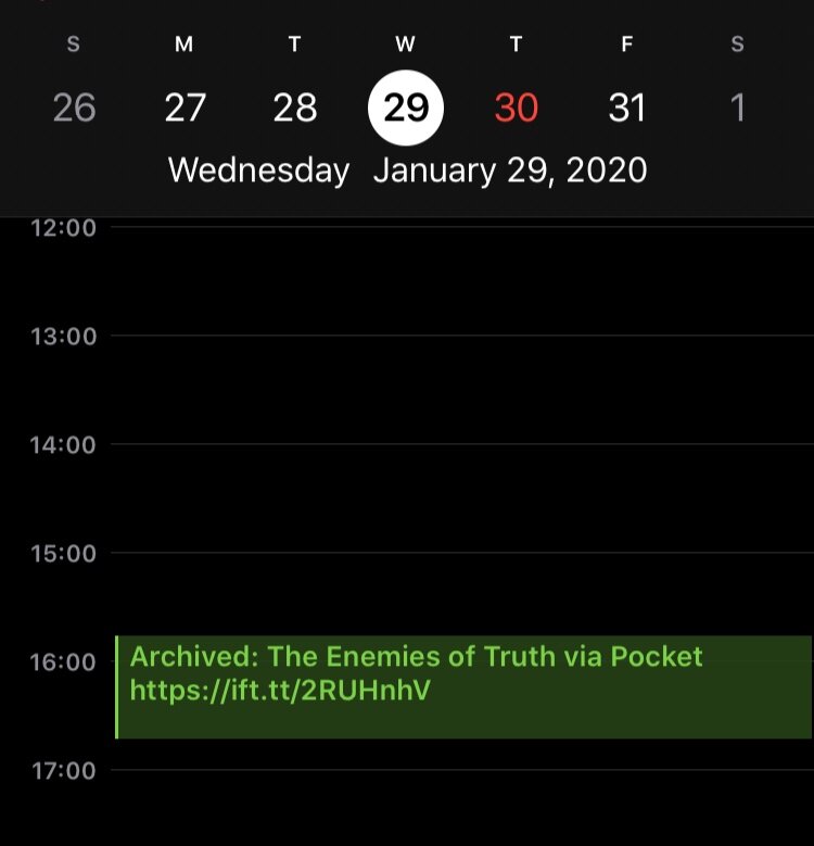 I didn’t do very well yesterday; I only read one (very good) article. But you can see roughly when you finished the article as well as a link to it in your Pocket account, should you ever wish to revisit it.